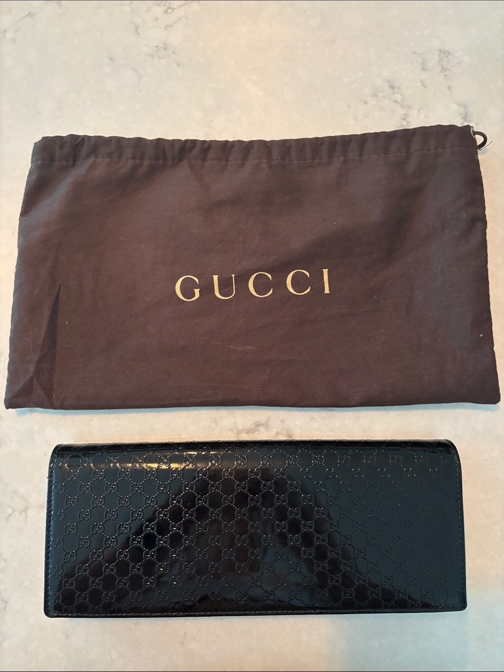 Gucci Black Patent Monogram clutch